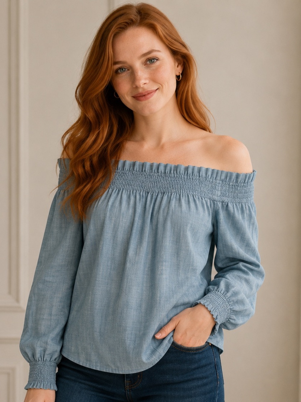 LOFT Seafoam Blue Smocked Off-Shoulder Top